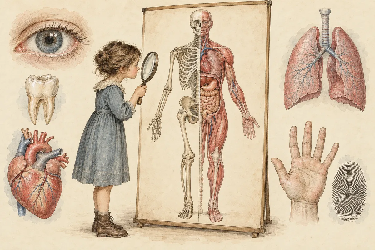 Ilustração de uma menina com uma lupa observando uma prancha de anatomia do corpo humano, metade esqueleto e metade órgãos e músculos, cercada por desenhos de um olho, um dente, um coração, os pulmões, uma mão e uma impressão digital