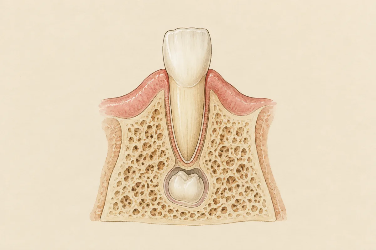 Illustration of a baby tooth with its full root in the gum and, below it inside the bone, the permanent tooth starting to form