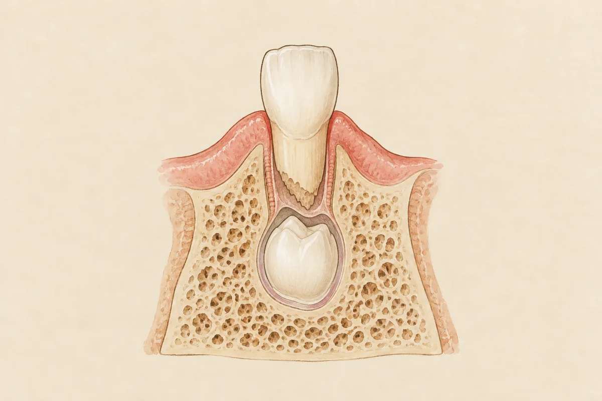 Illustration of the baby tooth root wearing away while the permanent tooth grows and moves up inside the bone
