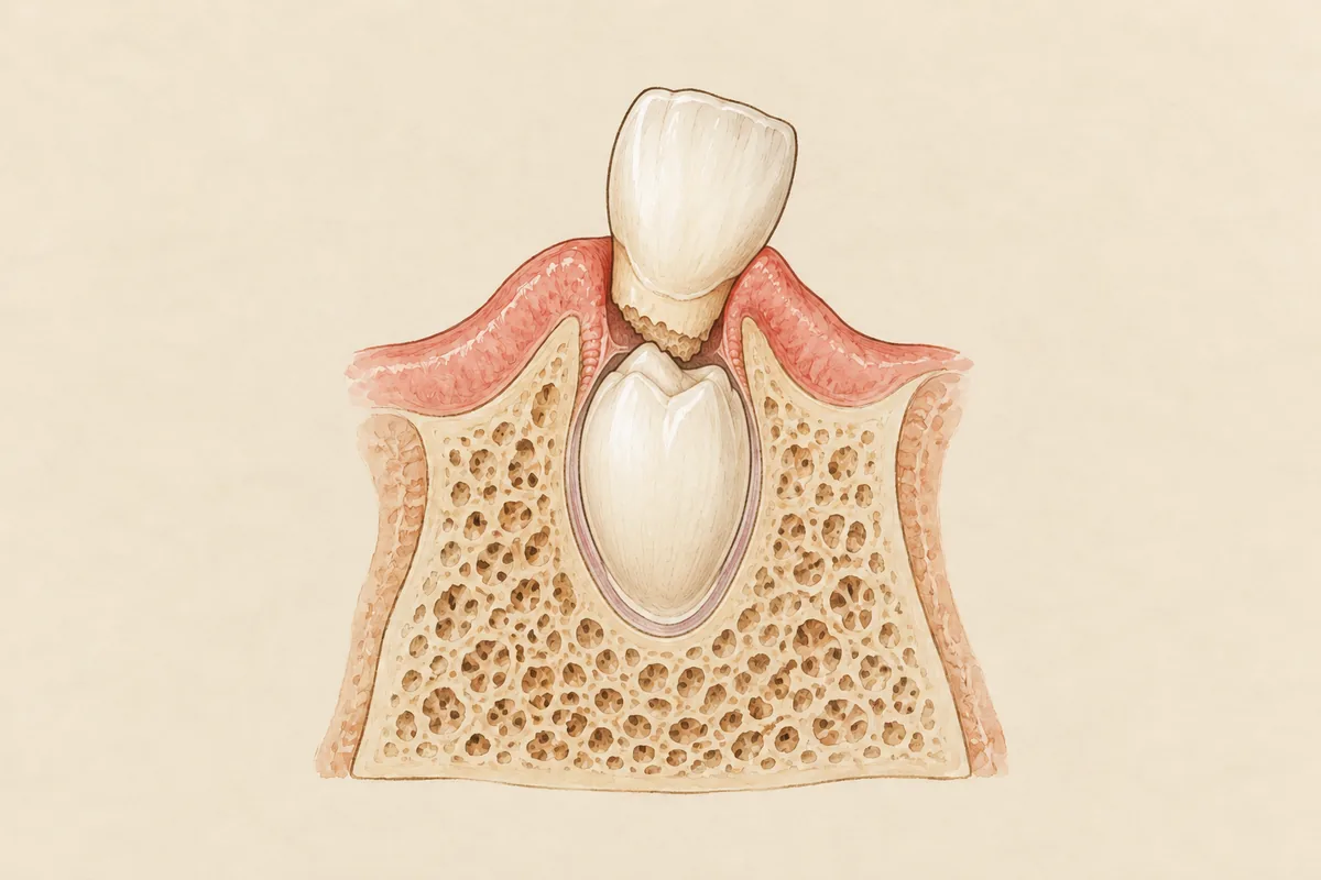 Illustration of a wobbly baby tooth with almost no root left, with the permanent tooth right below it
