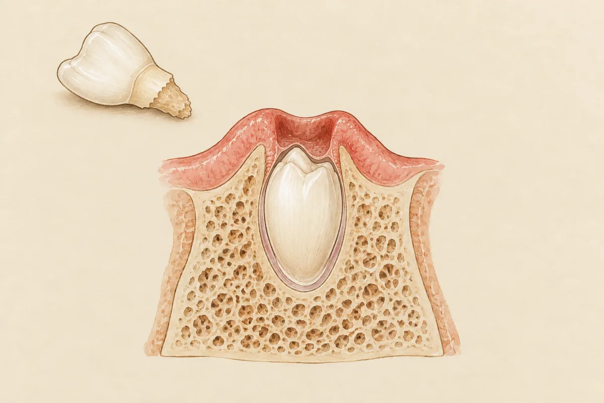 Illustration of a baby tooth that has fallen out, next to the gap in the gum, with the permanent tooth ready to come in