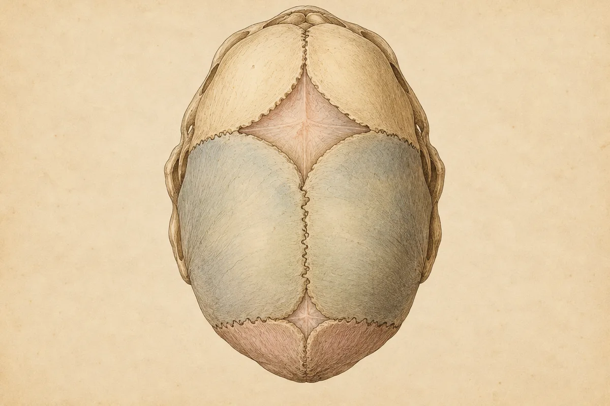 Illustration of a baby's skull seen from above, with the soft spots (fontanelles) between the bones